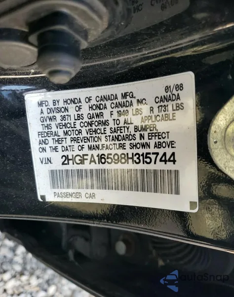 2008 Honda Civic Lx из США, поврежденный, VIN 2HGFA16598H315744